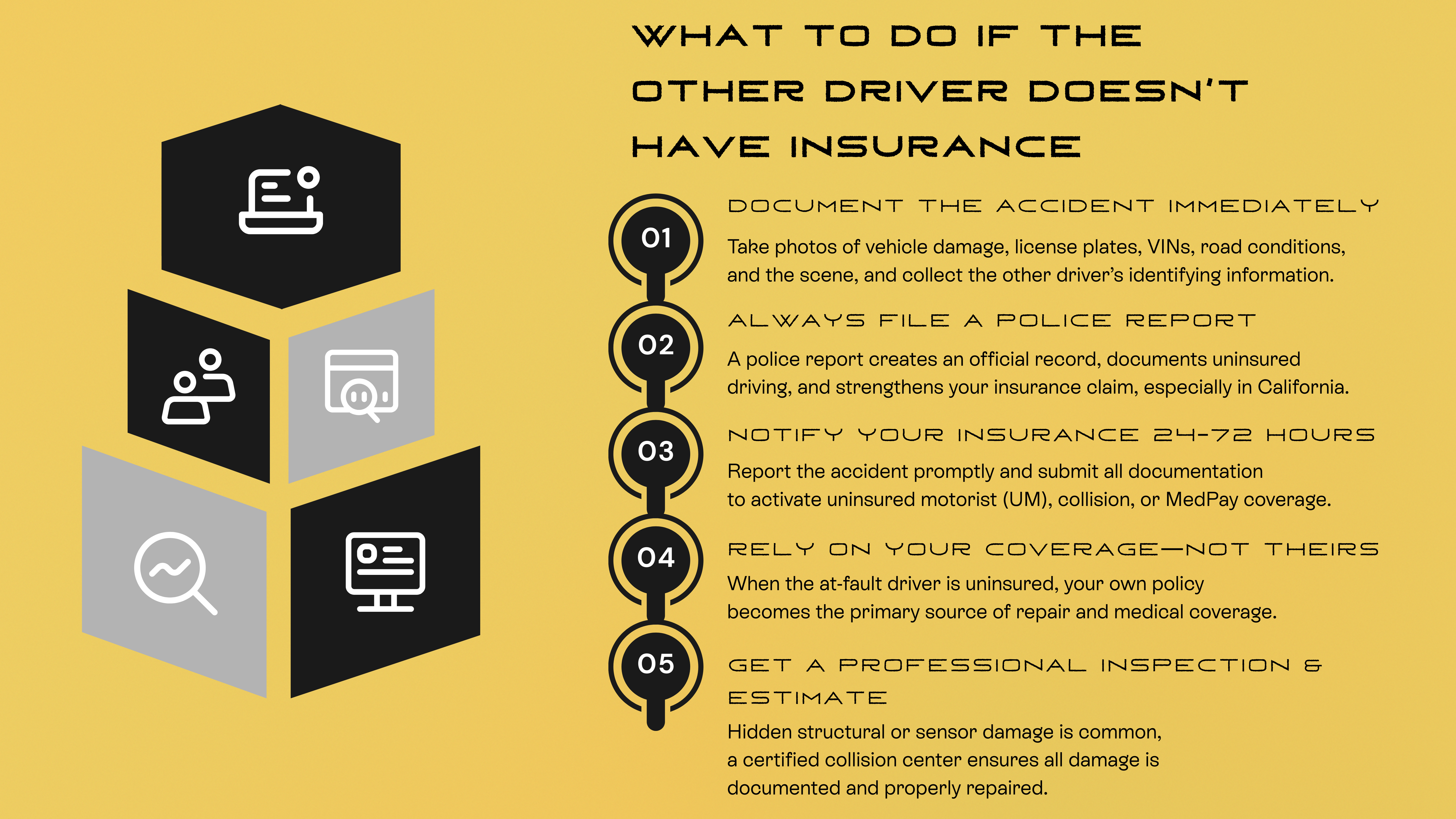 An infographic about What to Do If the Other Driver Doesn't Have-Insurance. Pristine Collision Center.