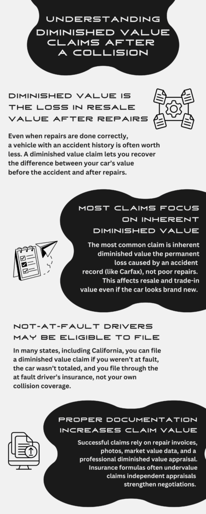 An infographic of how to 'Understanding Diminished Value Claims After A Collision'. Pristine Collision Center.
