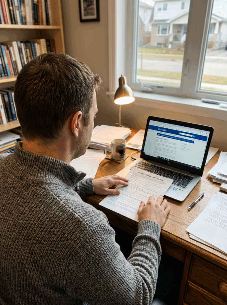 An image of a man sitting in front of his laptop trying to figure out 'What Information Should You Collect' at an Accident Scene. Pristine Collision Center.
