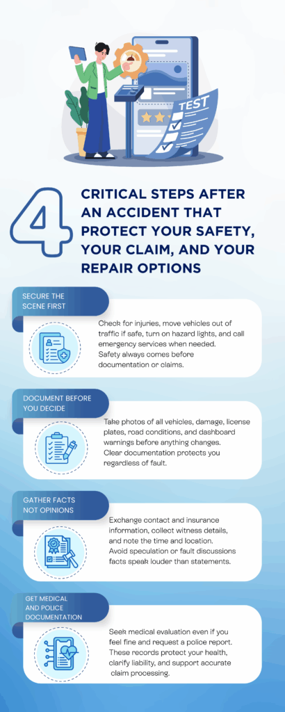 An infographic about "Critical Steps to take AFTER 
AN ACCIDENT" That 
Protect Your Safety, 
Your Claim, and Your 
Repair Options. Pristine Collision Center.